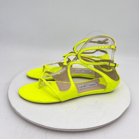 Jimmy Choo Women Size EU 39 US 9 Shocking Yellow Patent Leather Gladiator Shoes - Picture 1 of 13